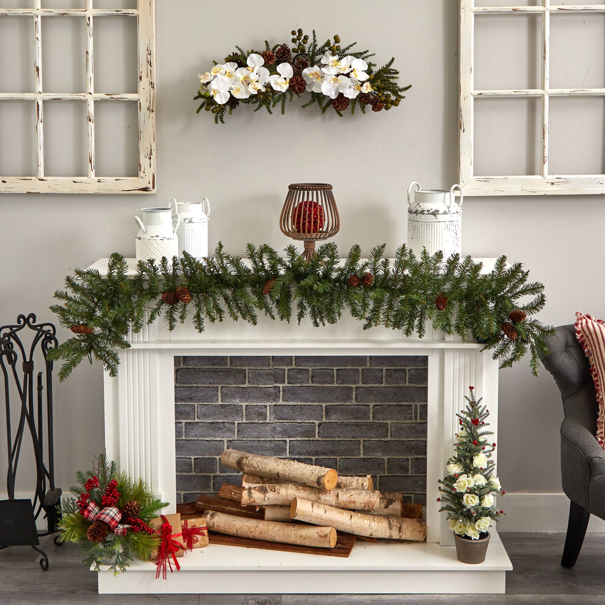 30" White Orchid & Pine Swag